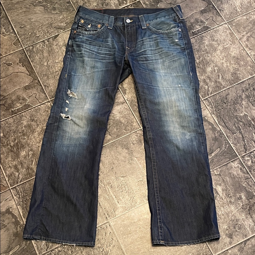 TRUE RELIGION Men’s ‘Billy’ Bootcut Distressed Big Flap Jeans Y2K Streetwear